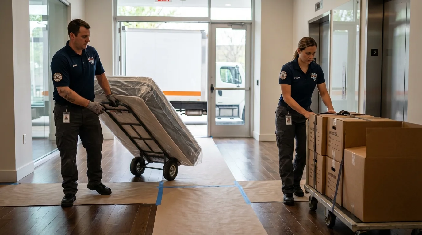 Professional apartment movers loading elevator in High Bridge, NJ